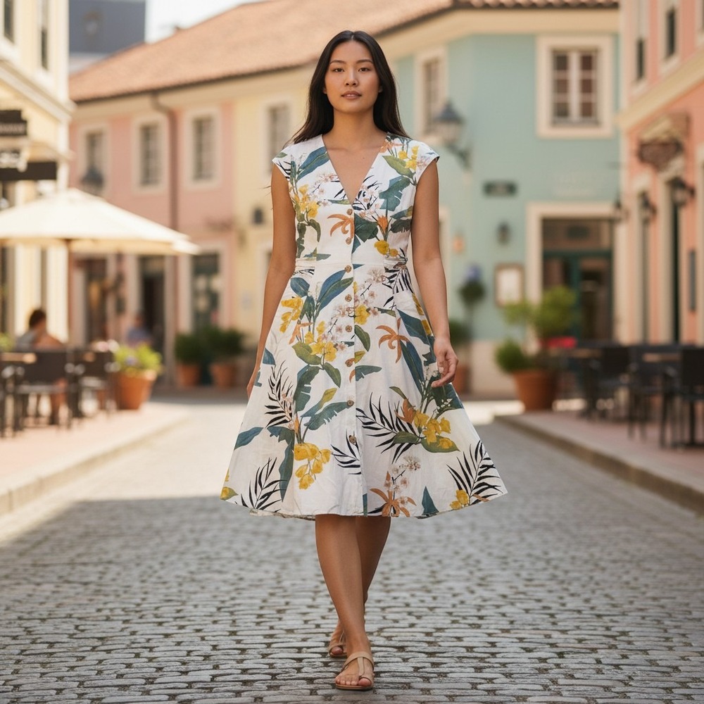 Zara Womens Floral Dress Festival Tropical Vacation S Short Sleeves Button Front